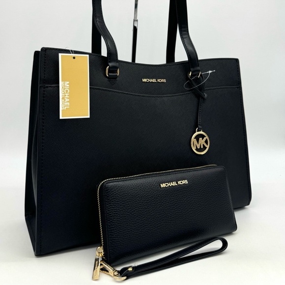 Michael Kors Large MF Pocket Shoulder Tote Bag & Continental Wallet Black/Gold - Picture 3 of 15
